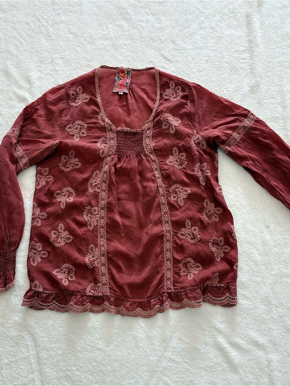 Johnny Was Wine Red Embroidered Peasant Blouse
